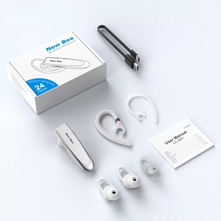 Casca Bluetooth New Bee LC-B41, Autonomie baterie 24 ore, Conectare la doua dispozitive simultan, Incarcare rapida, Bluetooth 5.0, Sunet HD, Compatibila cu Ios si Android, Universala, 10g, Culoare Alb
