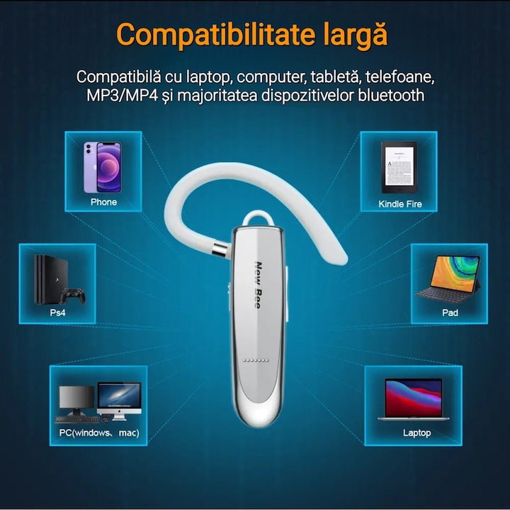 Casca Bluetooth New Bee LC-B41, Autonomie baterie 24 ore, Conectare la doua dispozitive simultan, Incarcare rapida, Bluetooth 5.0, Sunet HD, Compatibila cu Ios si Android, Universala, 10g, Culoare Alb