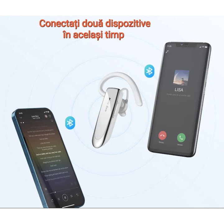 Casca Bluetooth New Bee LC-B41, Autonomie baterie 24 ore, Conectare la doua dispozitive simultan, Incarcare rapida, Bluetooth 5.0, Sunet HD, Compatibila cu Ios si Android, Universala, 10g, Culoare Alb