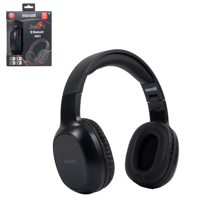 Casti Wireless Maxell B13-HD1 Bass 13 BT v.5.1, bass puternic, design pliabil, 20 ore autonomie, incarcare USB-C, microfon integrat, negre Negru
