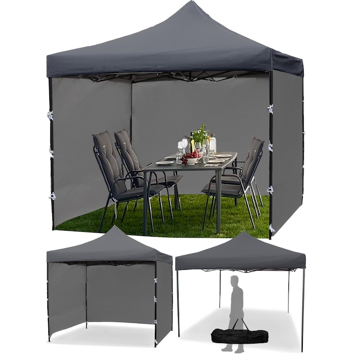 Pavilion cort de gradina, Maltec, Sunwaal 3x3, Impermeabil, 3 pereti, Inaltime reglabila 280-310 cm, Set 6 elemente, Culoare gri