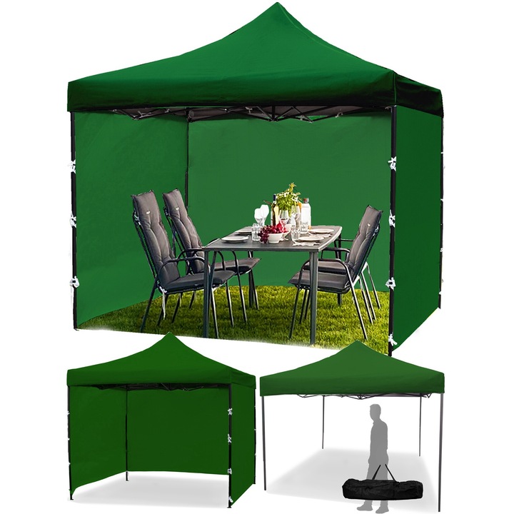 Pavilion cort de gradina, Maltec, Sunwaal 3x3, Impermeabil, Inaltime reglabila 280-310 cm, 3 pereti, Set cu geanta de transport, Verde, 6 elemente in set