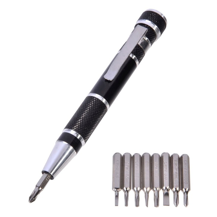 Toll típusú csavarhúzó 9 cserélhető heggyel, méretek 1,5-2-3 mm, 11,5 cm