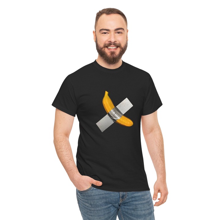 Tricou personalizat pentru barbati Vexor, bumbac, negru, cu mesaj amuzant Banana Lipita, Parodie Artistica, S