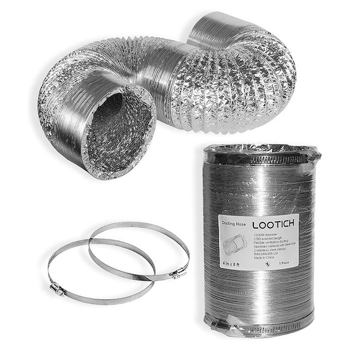 Furtun de evacuare flexibil din aluminiu pentru ventilatie, 102 mm Lungime 2,5 m Kit de conectare pentru uscator de rufe de bucatarie baie cu 2 cleme de otel, LOOTICH