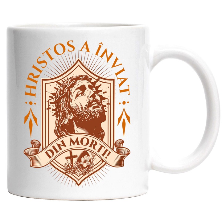 Cana cu Chip Iisus Hristos Cu Barba Si Par Lung Text Hristos A Inviat Din Morti, Paste Sarbatori Pascale, Ceramica, 330ML, cu Maner Alb