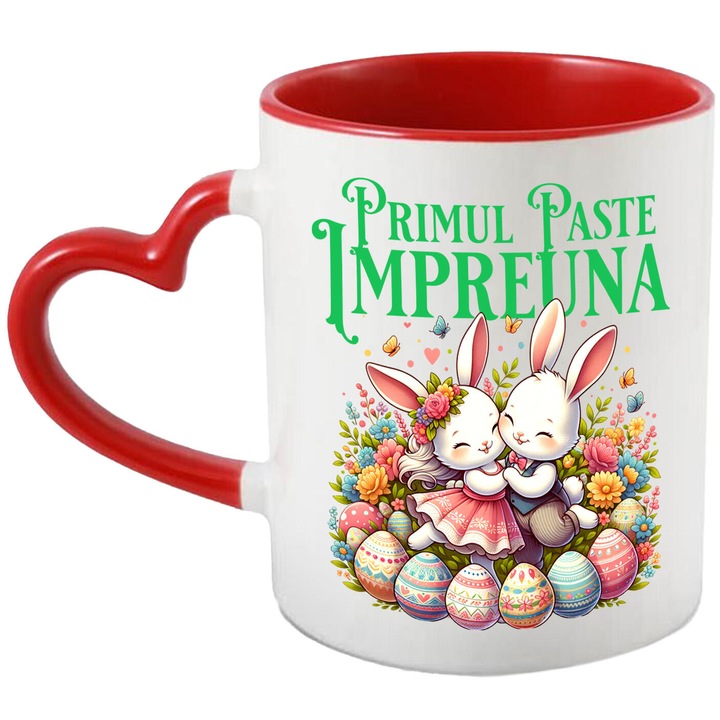 Cana cu Cuplu Fericit Iepuri Indragostiti Oua Colorate Paste, Flori Multicolor, Text Primul Paste Impreuna, Ceramica, 330ML, cu Maner Inima Rosie