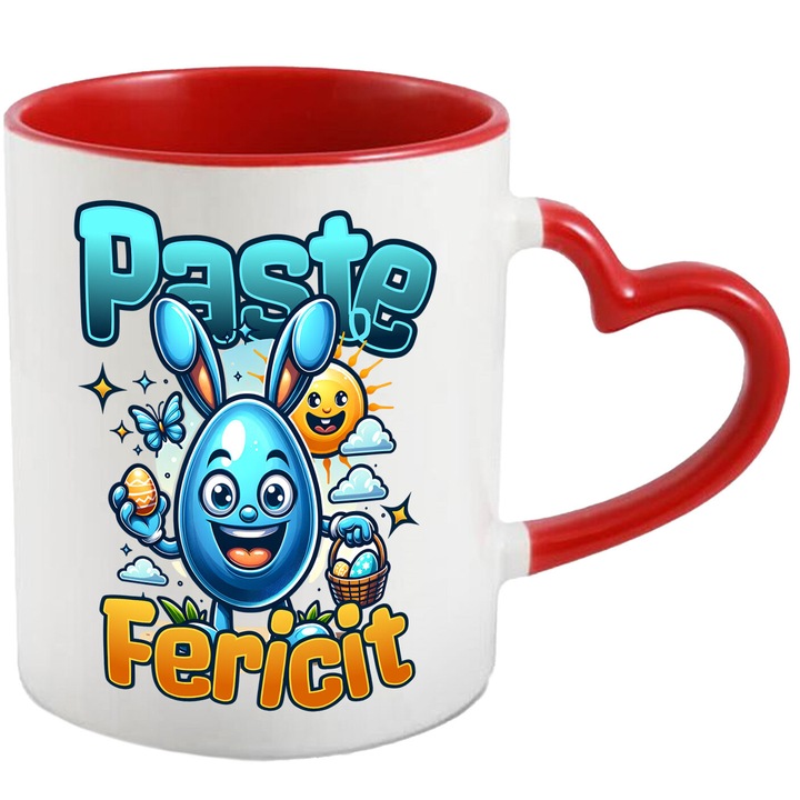 Cana cu Ou Albastru Cu Urechi de Iepure In Cautarea De oua De Paste, Text Paste Fericit, Ceramica, 330ML, cu Maner Inima Rosie