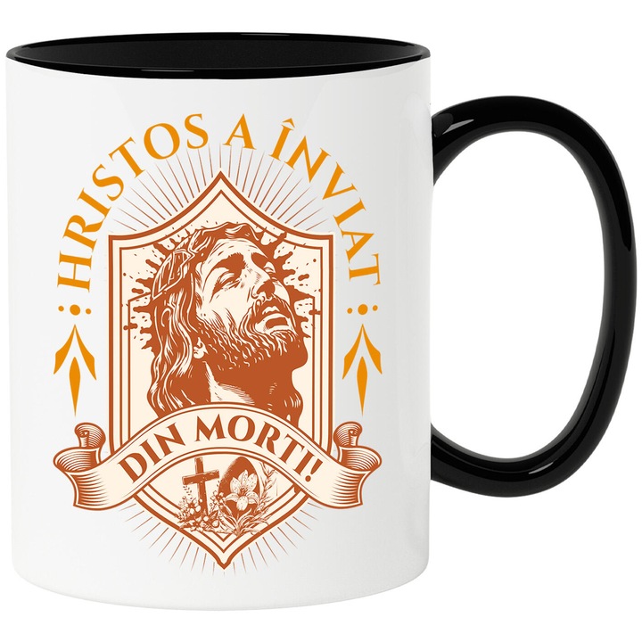 Cana cu Chip Iisus Hristos Cu Barba Si Par Lung Text Hristos A Inviat Din Morti, Paste Sarbatori Pascale, Ceramica, 330ML, cu Maner Negru