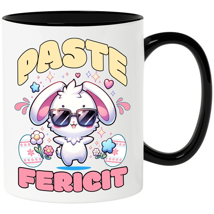 Cana cu Iepure Cool Alb Cu Ochelari De Soare oua Colorate Text Paste fericit, Flori Colorate, Ceramica, 330ML, cu Maner Negru