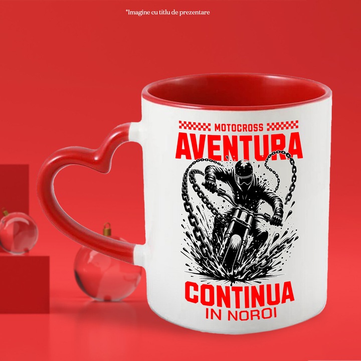 Чаша с мъж на мотоциклет Speed Mud Chains Adventure Passion Motorcycle, керамика, 330 мл, с дръжка в червено сърце