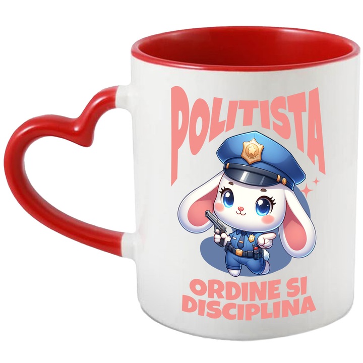 Cana cu Iepure Alb Cu Urechi Lungi Tinuta Politie Aparare Insigna Arma Text Politista Ordine Si Disciplina, Ceramica, 330ML, cu Maner Inima Rosie