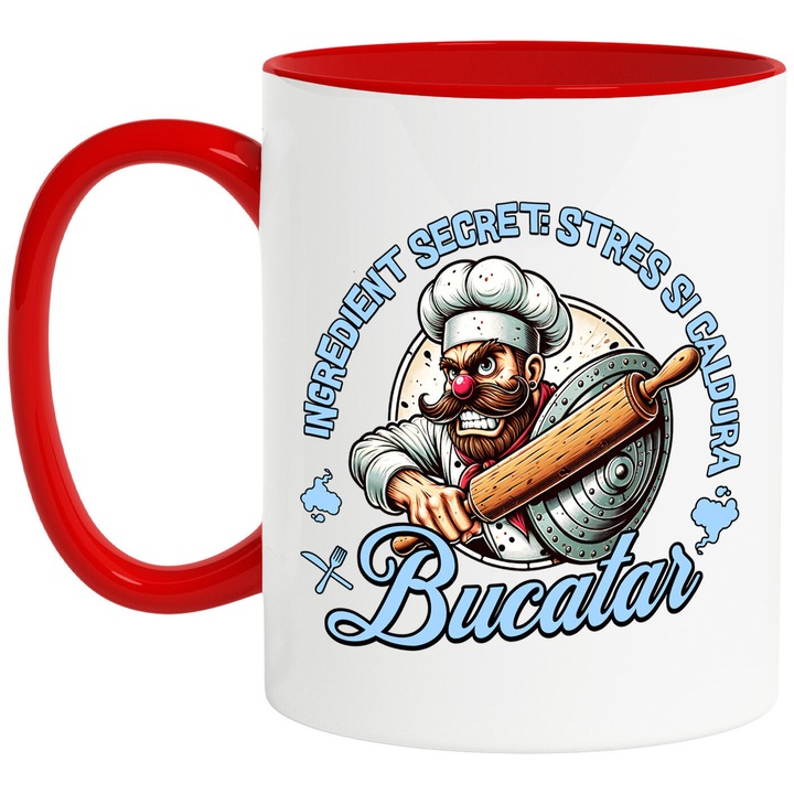 Cana cu Bucatar Cheff Cu Palarie Inalta Si Mustata Meserie Text Ingredient Secret Stres Si Caldura, Ceramica, 330ML, cu Maner Rosu