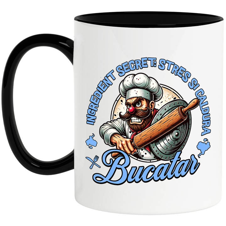 Cana cu Bucatar Cheff Cu Palarie Inalta Si Mustata Meserie Text Ingredient Secret Stres Si Caldura, Ceramica, 330ML, cu Maner Negru