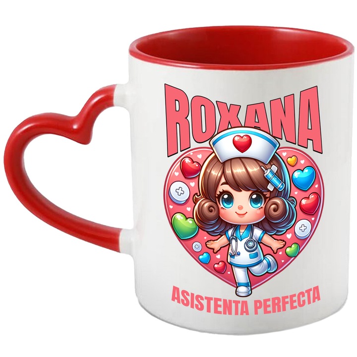 Cana cu Asistenta Medicala Costum Alb Serinta Inima text Roxana Asistenta Perfecta, Ceramica, 330ML, cu Maner Inima Rosie