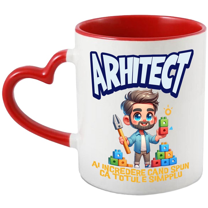 Чаша с брюнет мъж с брада Дървени пишки Цветни кубчета Архитект Текст Trust Me When I Say Everything is Simple, Керамика, 330 мл, с дръжка червено сърце