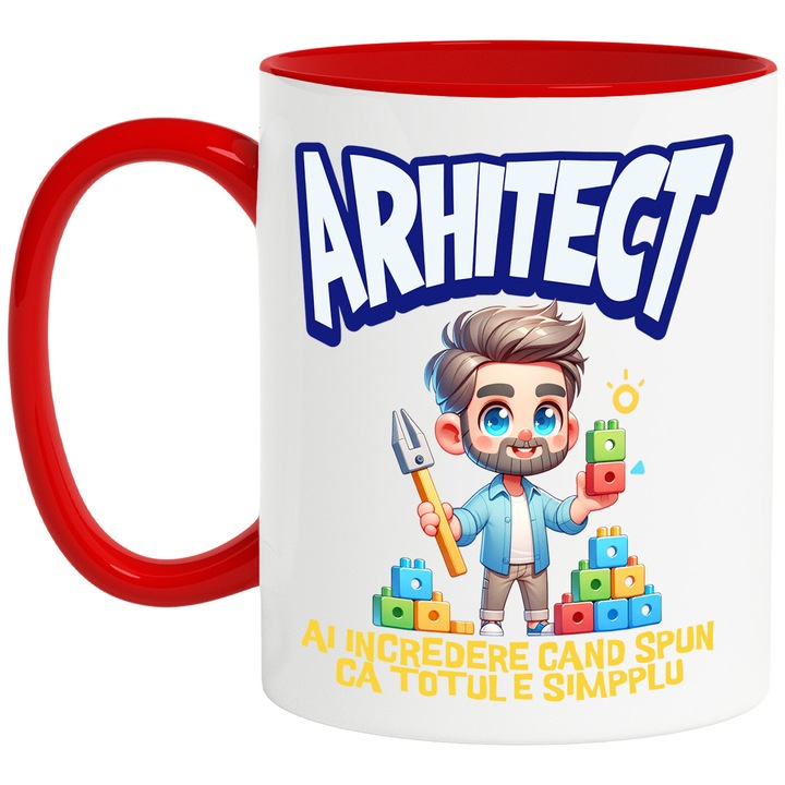 Чаша с брюнет мъж с брада Дървени пишки Цветни кубчета Архитект Текст Trust Me When I Say Everything is Simple, Керамика, 330 мл, с червена дръжка