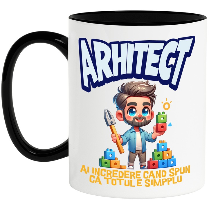 Чаша с брюнет мъж с брада Дървени пишки Цветни кубчета Архитект Текст Trust Me When I Say Everything is Simple, Керамика, 330 мл, с черна дръжка