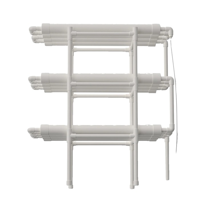 Kit hidroponic 3 straturi, 108 locuri pentru plante, alb, 12 tevi, 1,2m furtun