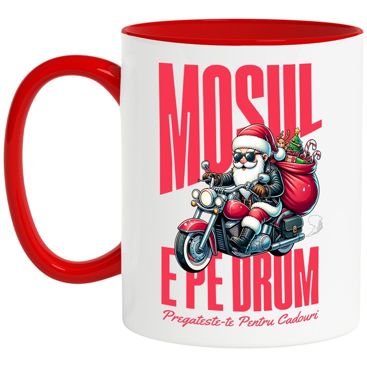 Cana cu Mos Craciun Cool Pe Motocicleta Text Mosul E Pe Drum Pregateste-te Pentru Cadouri, Ceramica, 330ML, cu Maner Rosu