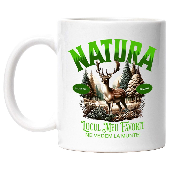 Cana cu Ren Cu Coarnr Lungi In Padure Text Natura Locul Meu Preferat Ne Vedem La munte, Ceramica, 330ML, cu Maner Alb