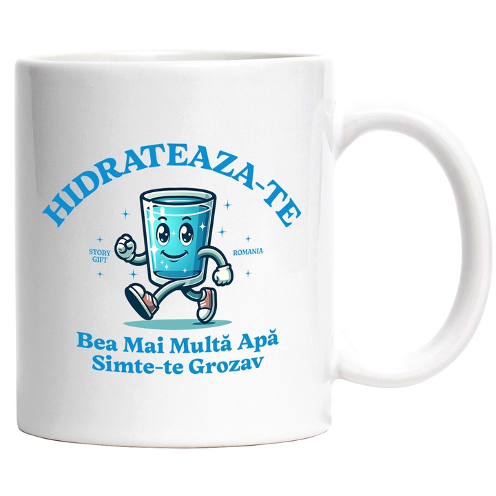 Cana cu Pahar Mergator Vesel Text Hidrateaza te Bea Mai Multa Apa, Ceramica, 330ML, cu Maner Alb