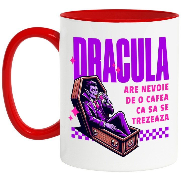 Cana cu Vampir in sicriu cu cafea, text haios Dracula are nevoie de o cafea sa se trezeacsa, Ceramica, 330ML, cu Maner Rosu