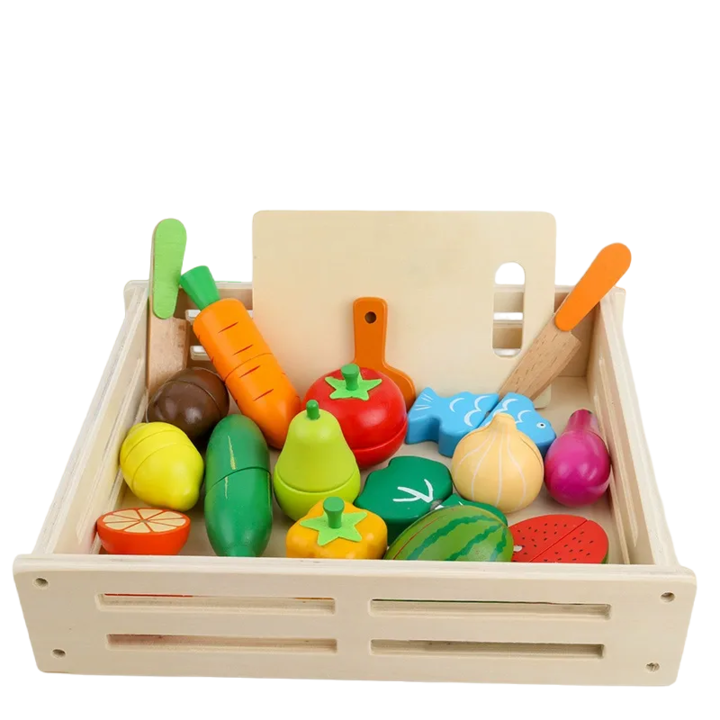 Gyümölcs- és zöldségvágó játékok kisgyermekeknek, mágneses, fejleszti a kreativitást és a motoros készségeket, a szerepjáték javítja a társas interakciót, tartós fából, többszínű