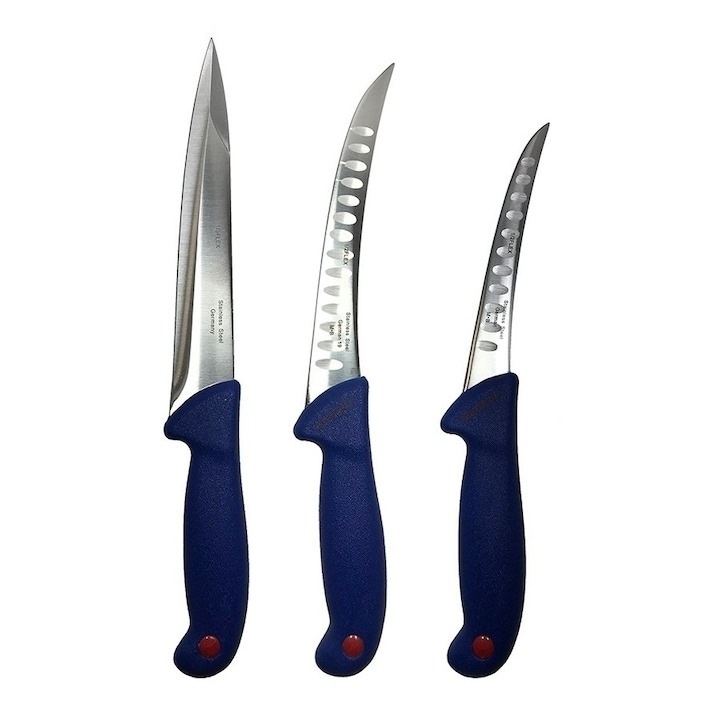 Set profesional de macelarie, injunghiat, transat, dezosat, filetat, 3 cutite otel carbon, Dactylion®