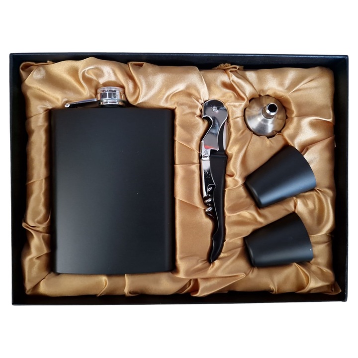 Set cadou barbati cu plosca, pahare, desfacator multifunctional si palnie, 5 elemente