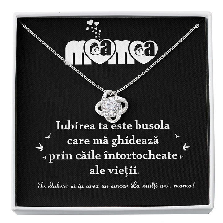 Set Cadou Pentru Mama, Joystos, Colier Argint 925 cu Pandant „Nodul Iubirii„ placat cu Aur Alb 14K. si Card Personalizat pentru Mama, si Card Razuibil Pentru Mama
