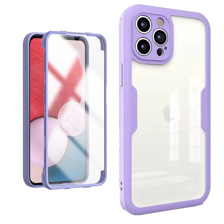 360-градусов калъф, съвместим с Apple iPhone 12 Pro, с включен протектор за екрана, удароустойчив, против пожълтяване, против надраскване, издръжлив, 3 mm повдигнати ръбове, люляк/прозрачен