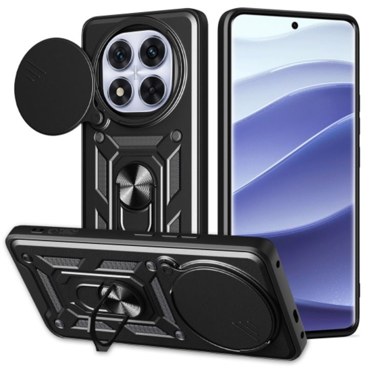 Калъф Defender Slide за Xiaomi Redmi Note 14 Pro Plus 5G, защита на камерата, държач за пръстен, магнитна дръжка, черен