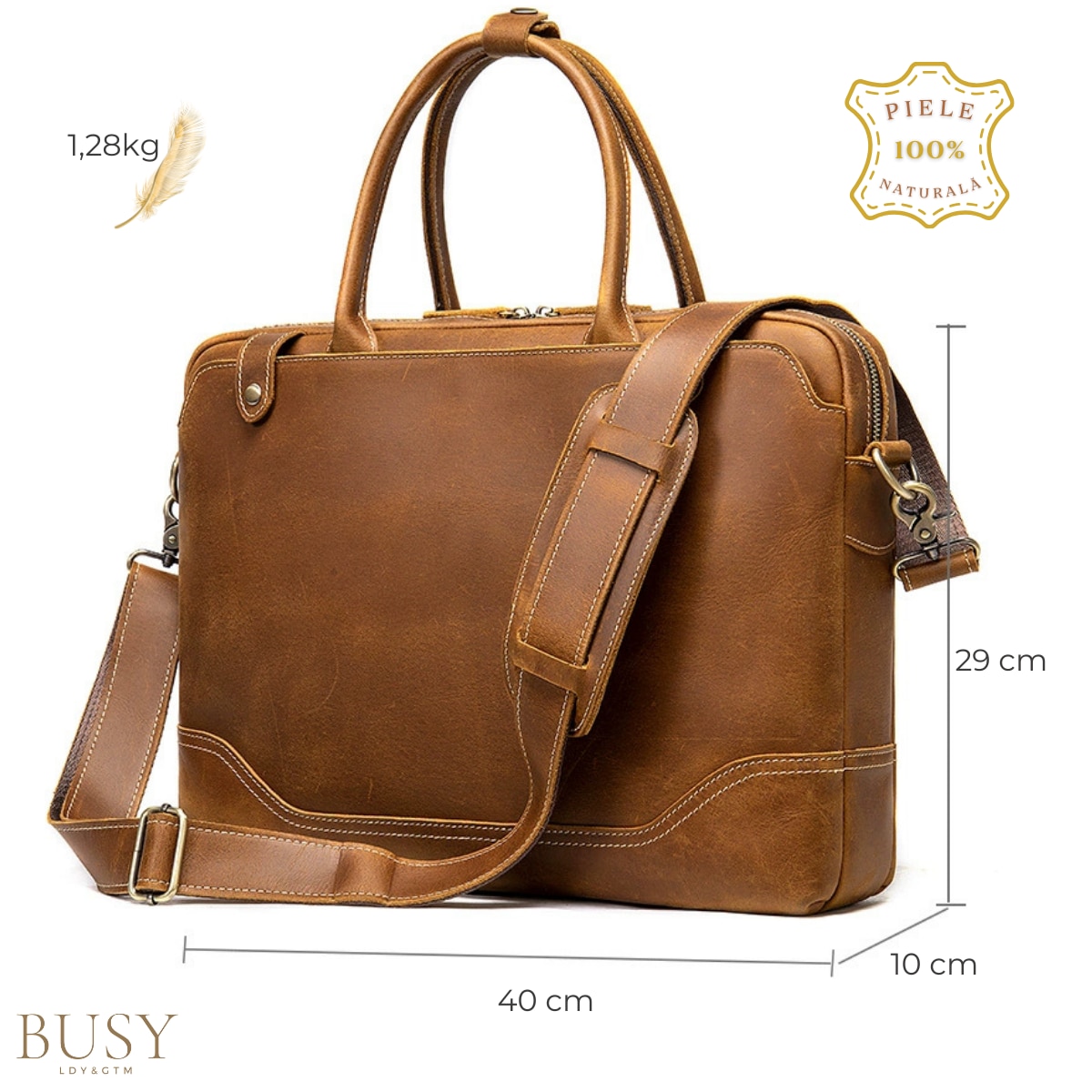 Geanta laptop 15, 6 din piele naturala CrazyHorse, BUSY LDY&GTM® Patrik, curea de umar si manere din piele, maro