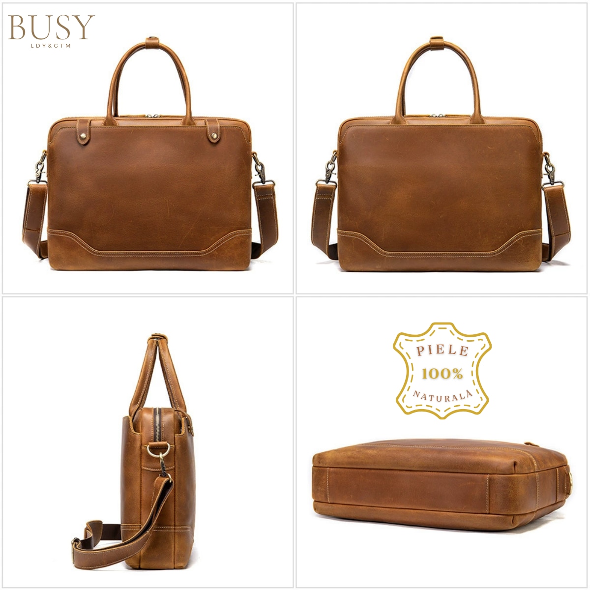 Geanta laptop 15, 6 din piele naturala CrazyHorse, BUSY LDY&GTM® Patrik, curea de umar si manere din piele, maro