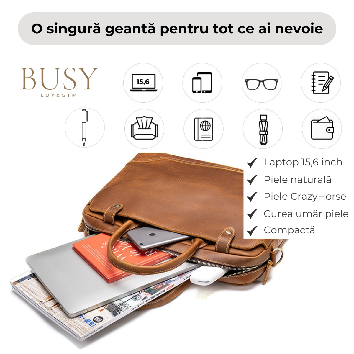 Geanta laptop 15, 6 din piele naturala CrazyHorse, BUSY LDY&GTM® Patrik, curea de umar si manere din piele, maro