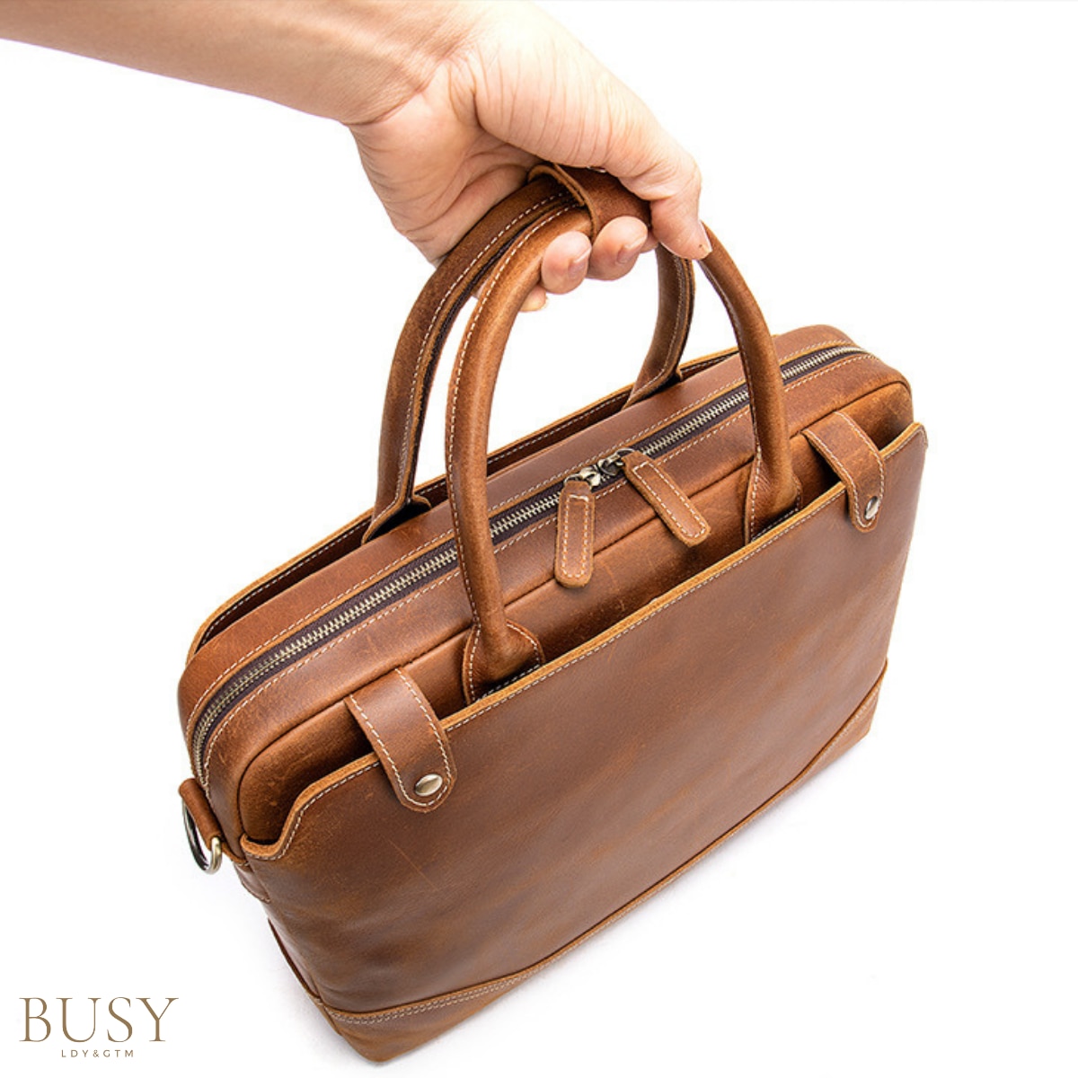 Geanta laptop 15, 6 din piele naturala CrazyHorse, BUSY LDY&GTM® Patrik, curea de umar si manere din piele, maro