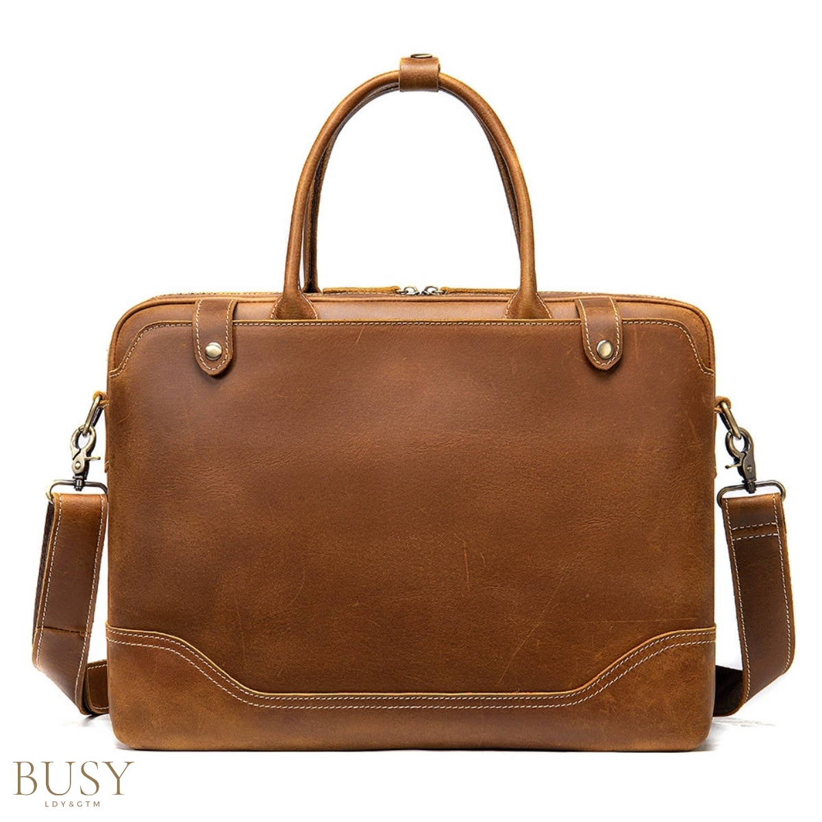 Geanta laptop 15, 6 din piele naturala CrazyHorse, BUSY LDY&GTM® Patrik, curea de umar si manere din piele, maro