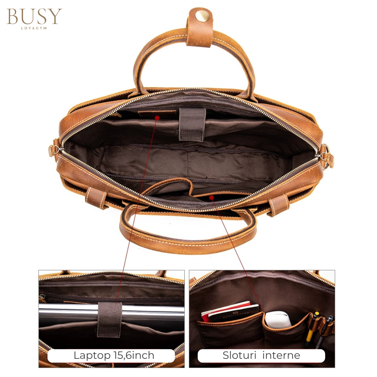 Geanta laptop 15, 6 din piele naturala CrazyHorse, BUSY LDY&GTM® Patrik, curea de umar si manere din piele, maro