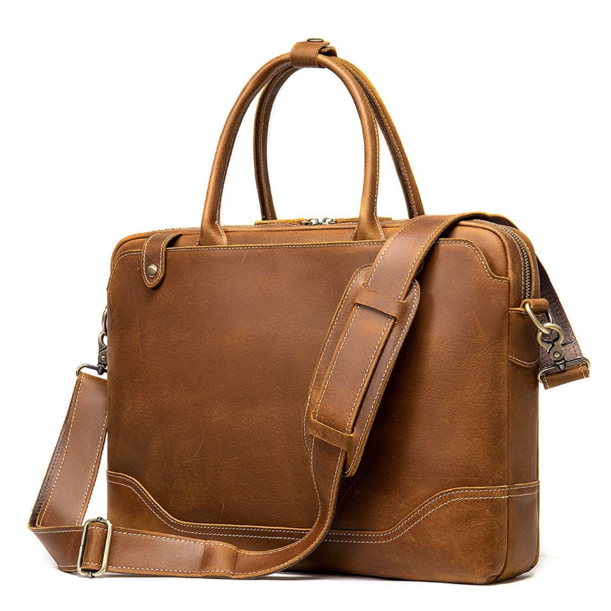 Geanta laptop 15, 6 din piele naturala CrazyHorse, BUSY LDY&GTM® Patrik, curea de umar si manere din piele, maro