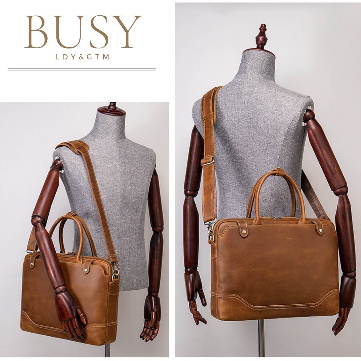 Geanta laptop 15, 6 din piele naturala CrazyHorse, BUSY LDY&GTM® Patrik, curea de umar si manere din piele, maro