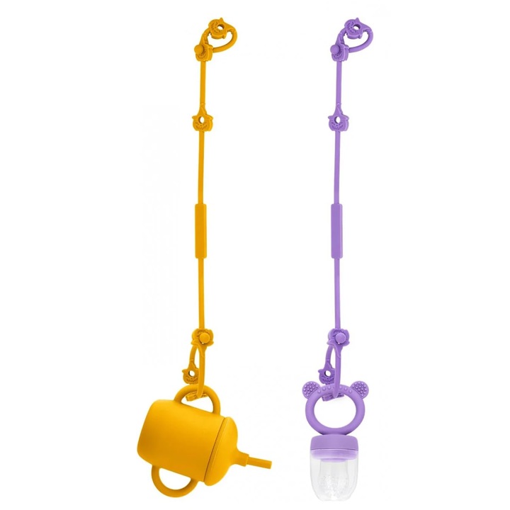 Комплект от 2 поставки с щипка за залъгалка/бебешка чаша Cldy, силикон, лилаво/горчица, 51 х 2 х 0,5 см