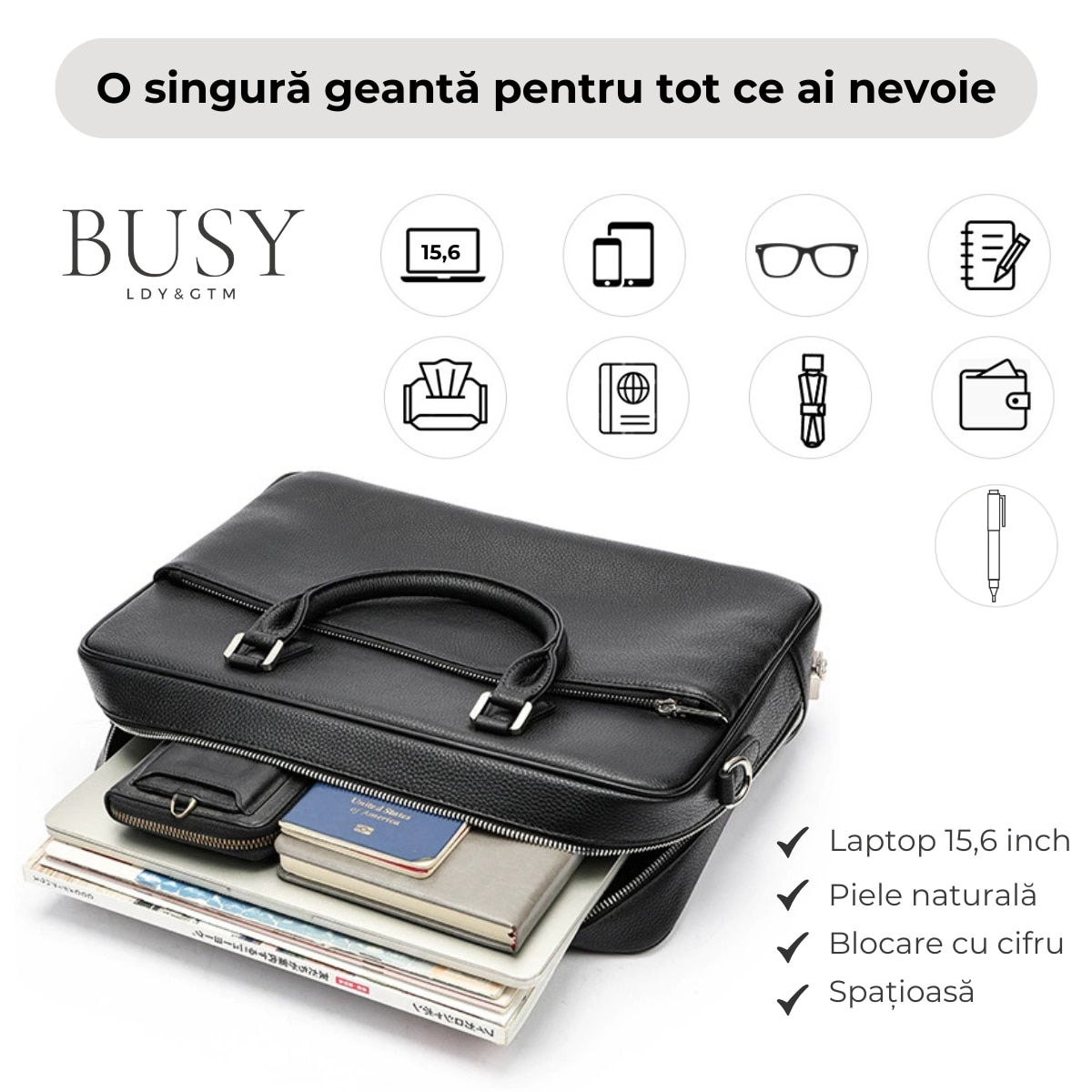 Servieta din piele naturala cu cifru, BUSY LDY & GTM, Cosmopolitan, extraincapatoare, de umar, de mana, negru
