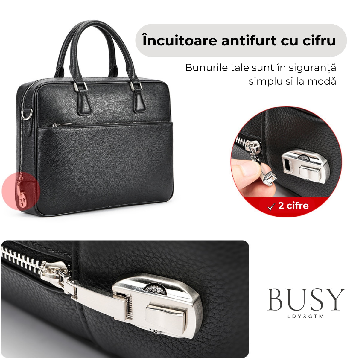Servieta din piele naturala cu cifru, BUSY LDY & GTM, Cosmopolitan, extraincapatoare, de umar, de mana, negru