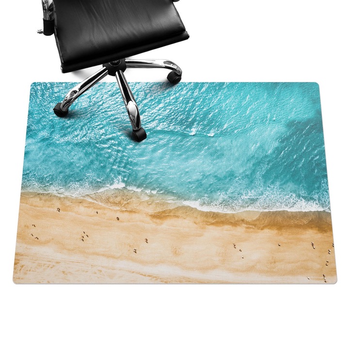 Covoras pentru protectie pardosea, Wallfluent, Plaja si valuri din vedere de ochi de pasare, Turcoaz, 140x100 cm, 010250310030100088592