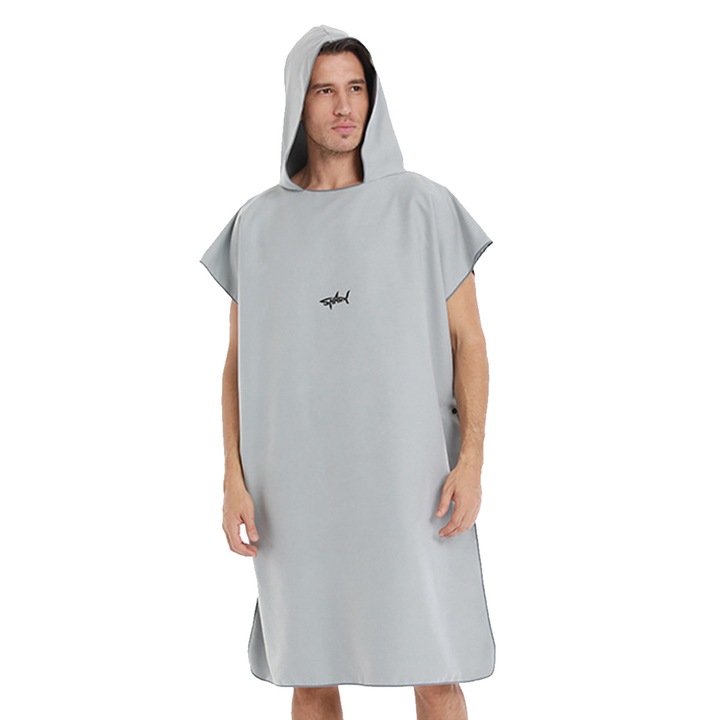 Halat de baie poncho cu gluga, material 150D, dublu fata, plus, gri