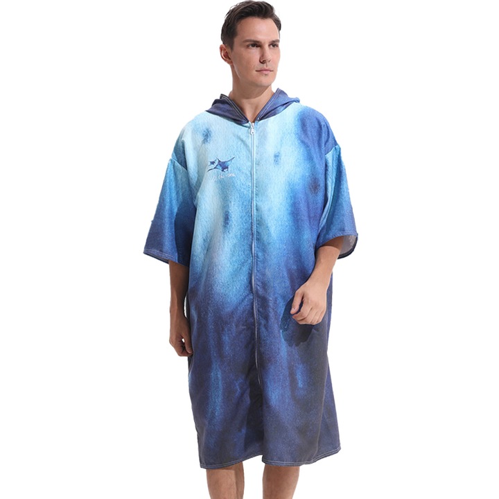 Halat de baie poncho cu gluga, material 150D, dublu fata, culoare albastru