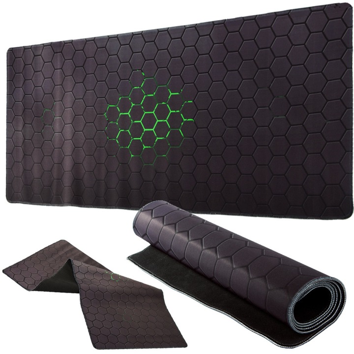 VarioShop® játék egérpad, vízálló, csúszásgátló bevonat, nagy munkafelület, stabil, könnyen tisztítható, modern és elegáns kialakítás, méhsejtmintás, XXL méret, 90 x 40 cm, fekete/zöld