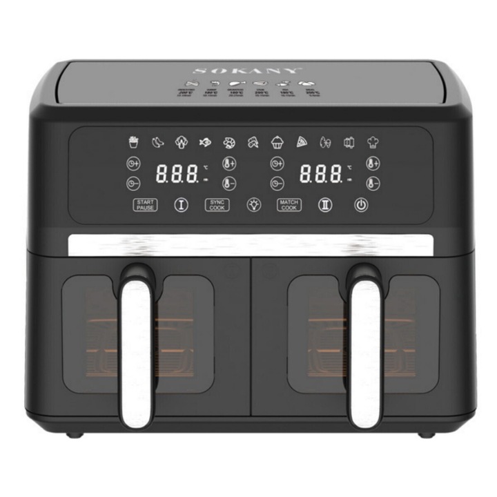 Digitális forró levegős sütő SOKANY SK-10055, 2 rekeszes üveggel, 11 liter, 3000 W, 11 program, Érintőképernyő