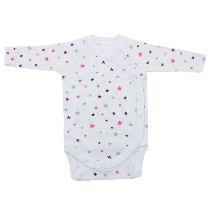Body maneca lunga, stelute roz si mov, bumbac, alb 52 CM